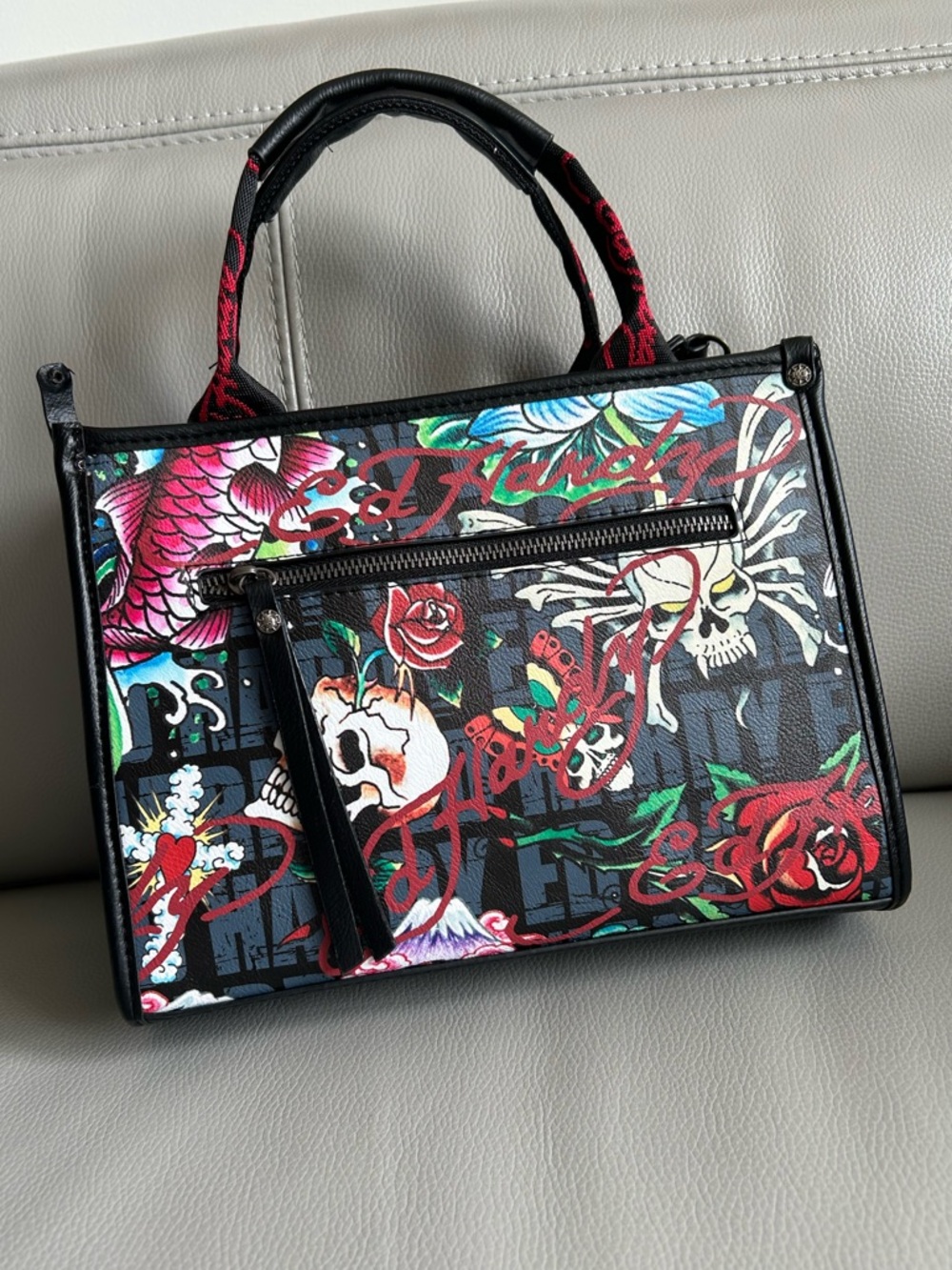 Ed Hardy Straw Tote Bag Hearts Skull Tattoo Y2K Summer Beach Shoulder Purse - Picture 3 of 10